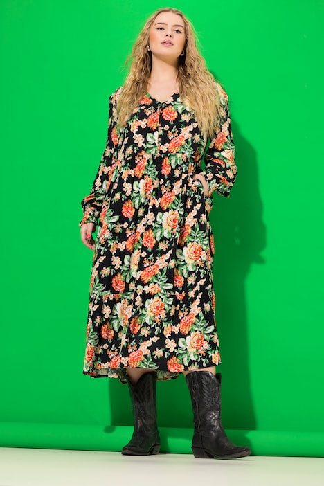 Kleid, A-Line, Flower Print, Langarm