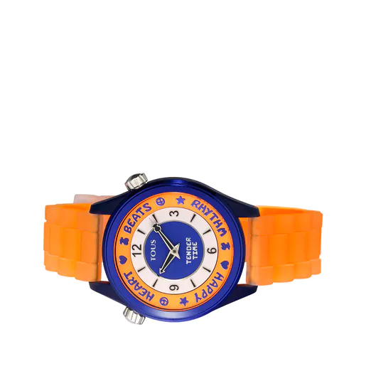 Relógio analógico TOUS Tender Time em aço com pulseira de silicone laranja e mostrador azul.