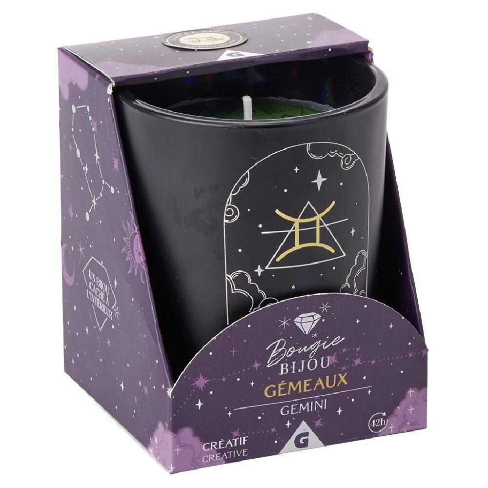 Bougie bijou doré signe astro Gémeaux senteur caramel 36H