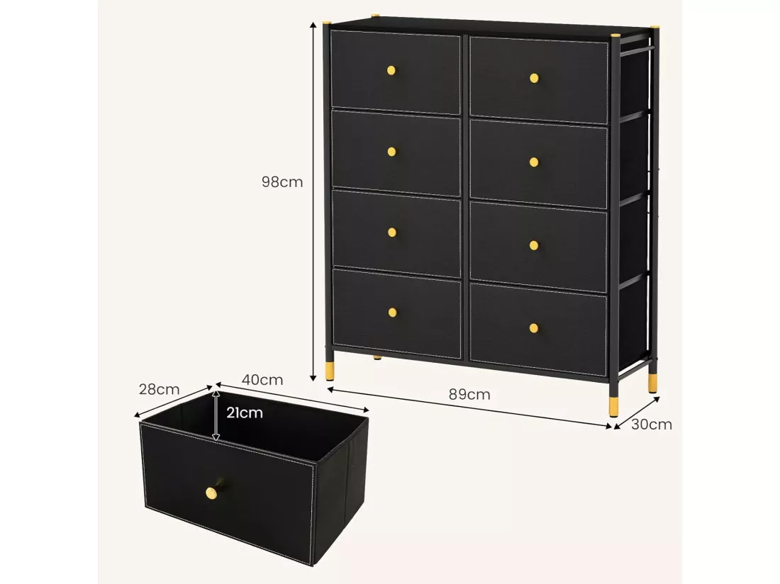 Commode Chambre, Commode Chambre Adulte 8 Tiroirs en Cuir PU et Tissu Pliable, Cadre en Métal, Chiffonnier Moderne avec Poignée Doré, Commode Rangement pour Salon, Entrée, Noir (8 Tiroirs)