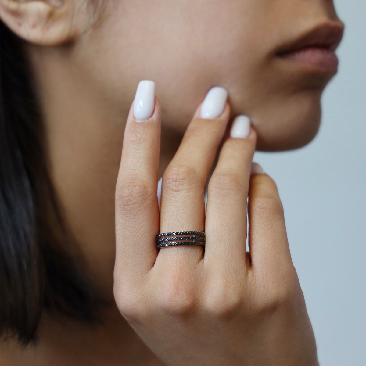 Bague Rhodié Triple Anneaux Sertis Noir