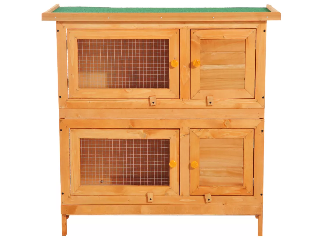 Clapier à lapin cage à lapin double niveau plateaux coulissants 4 portes verrouillables toit ouvrant 90L x 45l x 90H cm
