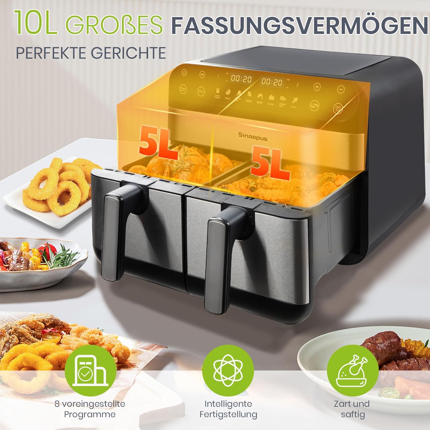 Heißluftfritteuse 2 Kammern,Dual Zone Heißluftfritteuse 10L – Doppelkammer XXL 2400 W, LED-Touchscreen, 8 Programme, Friteuse Heissluft ohne Öl, Airfryer mit 2 Körben(10L)