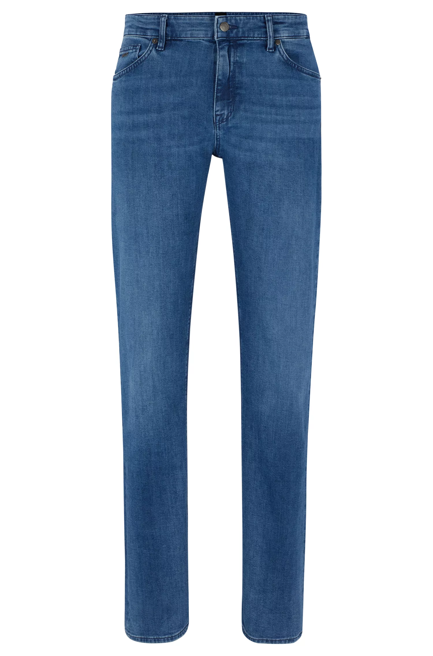 Calça jeans BOSS preta, corte regular, em denim italiano azul com toque de cashmere.