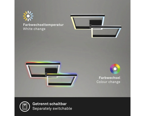 Dimbare LED-plafondlamp, 2 x 17 W, 1900 lm, 2700 K-6500 K CCT RGB, 64 x 64 cm, zwart, met nachtlampfunctie, geheugenfunctie en afstandsbediening.