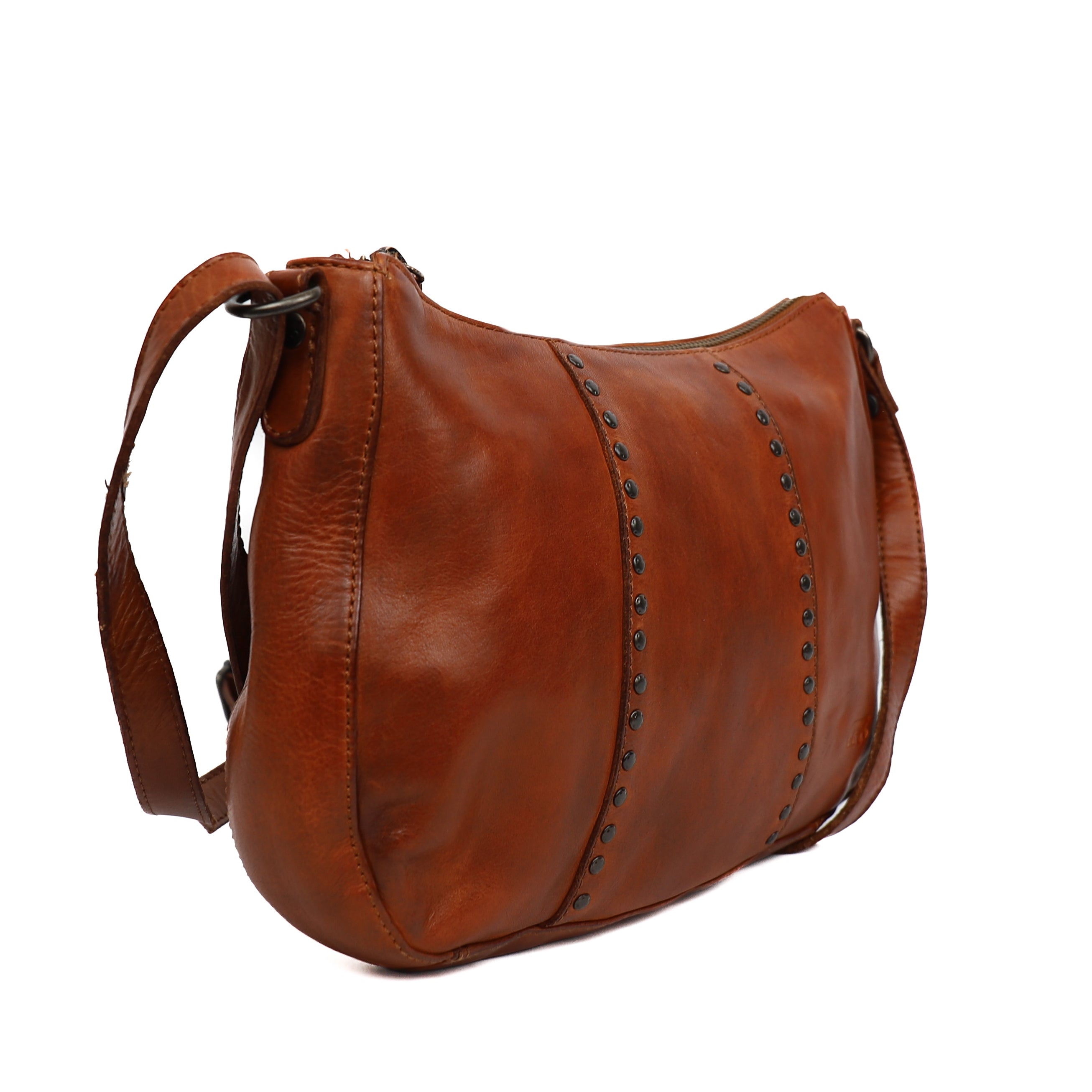Middelgroot schoudertasje met studs 'Saar' cognac Cognac