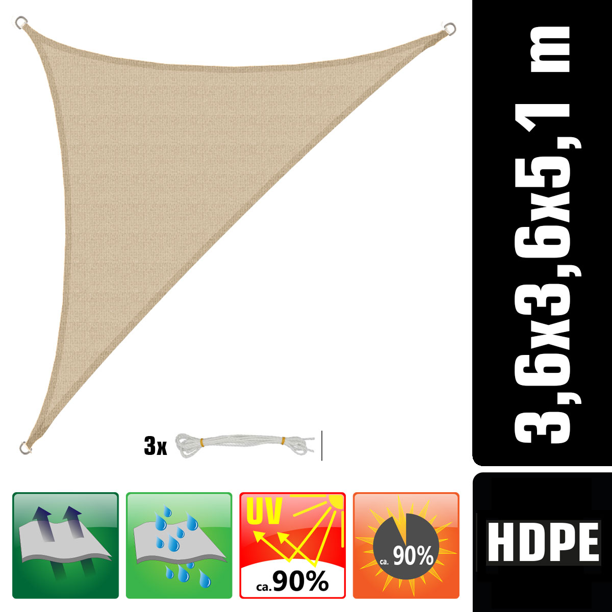 AMANKA 3,6 x 3,6 x 5,1 Luchtdoorlatend UV schaduwdoek - Beige