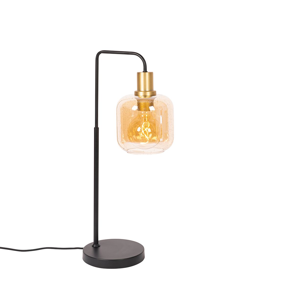 Design tafellamp zwart met messing en amber glas - Zuzanna