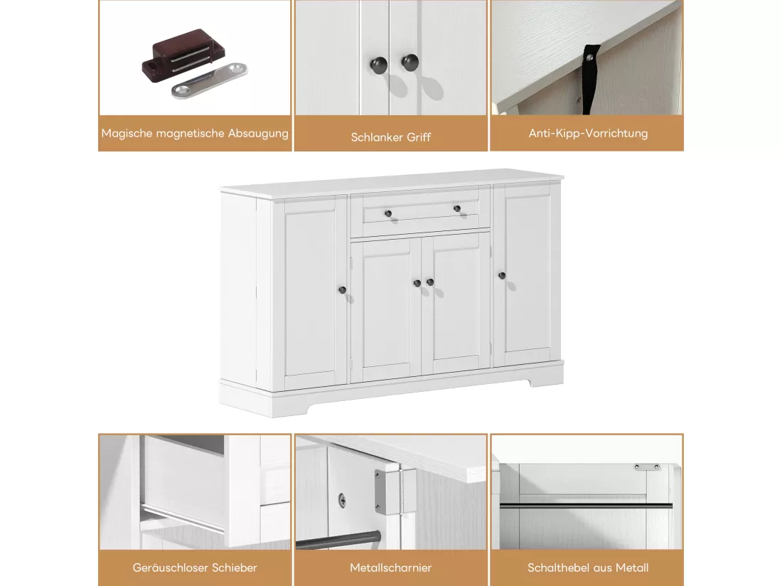 Buffet de cuisine avec 4 portes et 1 tiroir - 138 x 40 x 85 cm - Bois MDF - Tablettes réglables - Blanc