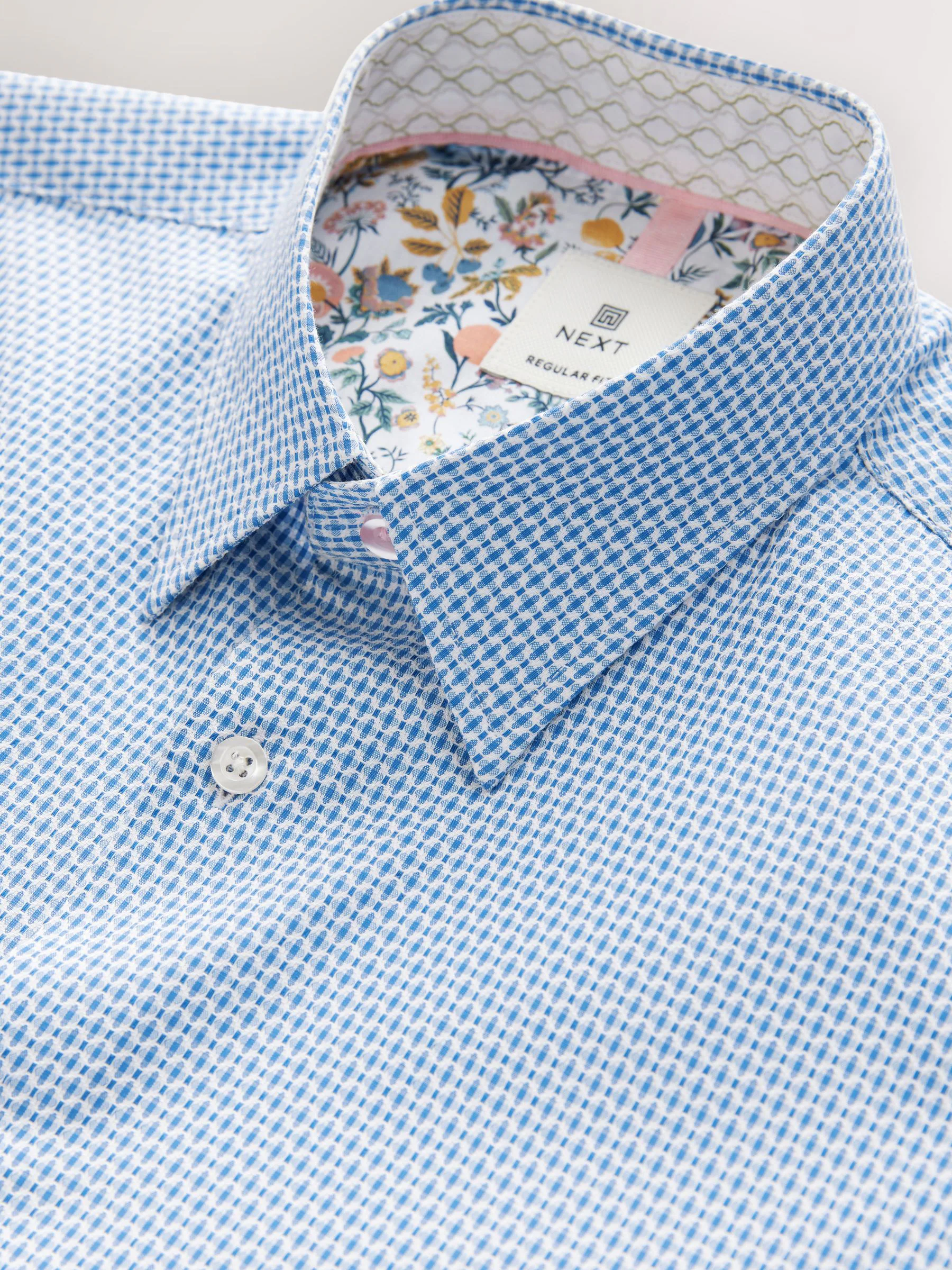 Blauw - Regular Fit Cotton Rich Trimmed Textured Korte Mouw Slim Shirt