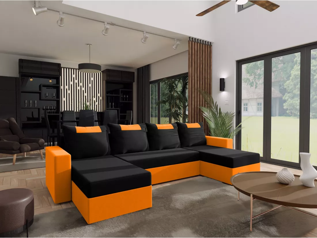 CANAPÉ PANORAMIQUE avec fonction de couchage Susanne jusqu’à 8 places, Noir+Orange
