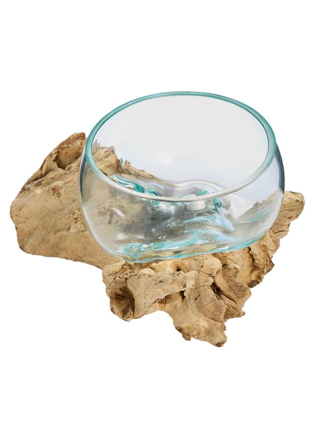 Teakholz mit Glasschale, ca. 16 cm