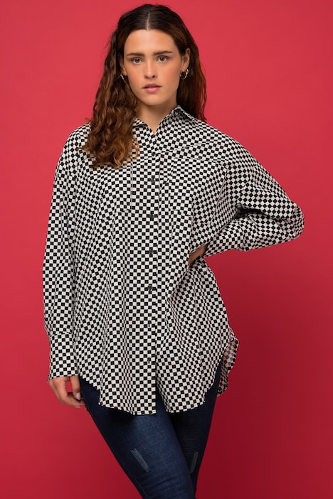 Hemdbluse, Oversized, Schachbrett-Karo, Hemdkragen, Langarm
