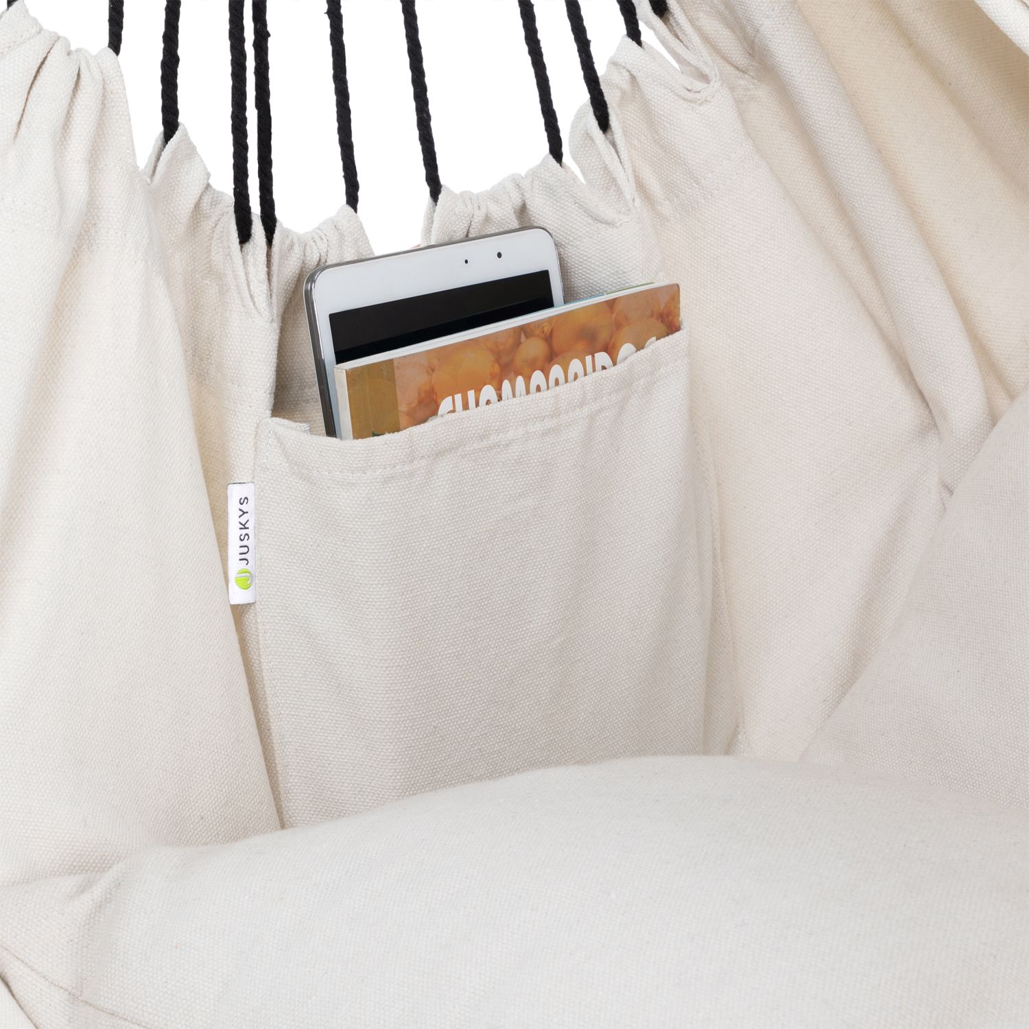 Juskys Hängesessel Miami mit Kissen, Stange & Tasche - Makramee Hängeschaukel bis 150 kg - Beige