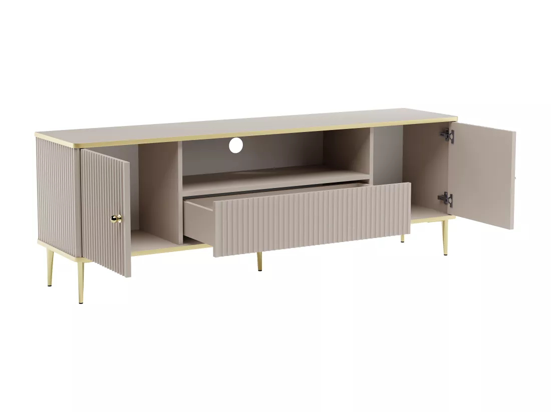 Meuble TV avec 2 portes, 1 tiroir et 1 niche en MDF et acier - Beige et doré - SINEAD de Pascal MORABITO
