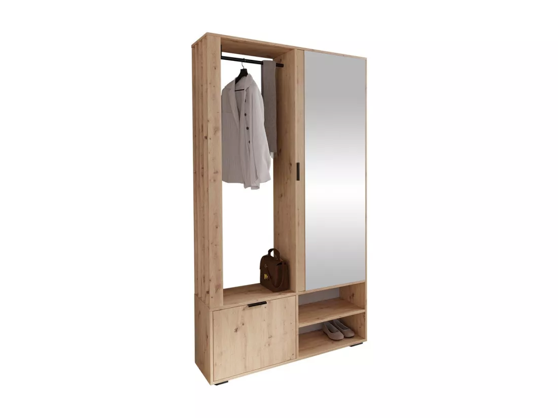 Meuble d'entrée Stanton 145, 190x100x33cm, Miroir, Chêne Artisan, Stratifié, À poser