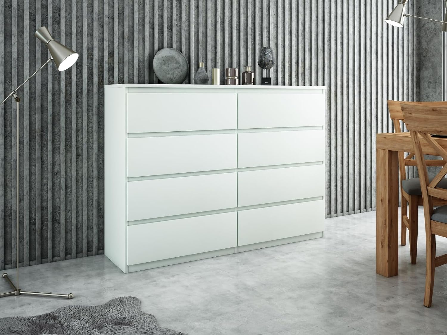 meble masztalerz Kommode 120 cm Breit - Modernes Sideboard - Schrank mit 8 Schubladen - Schubladenschrank - Kommodenschrank für Wohnzimmer, Flur, Schlafzimmer - Weiß 120x101,5x39 cm