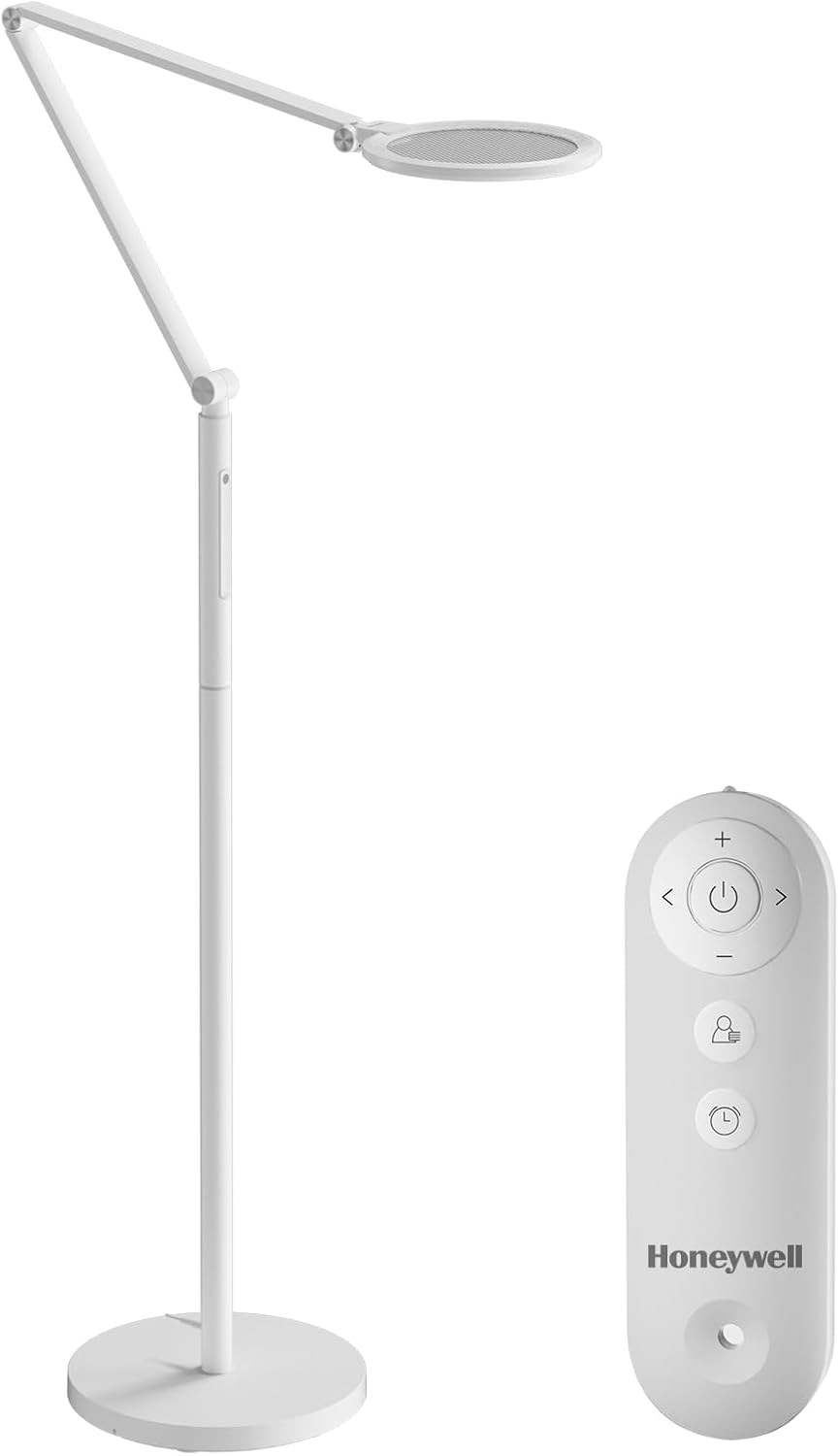 Honeywell LED Stehlampe - F01WT Sunturalux™ Augenfreundliche dimmbare Stehlampe mit Fernbedienung, 5 Farben & 5 Helligkeitsstufen verstellbare Lampe für Zuhause, Büro, Wohnzimmer, Weiß
