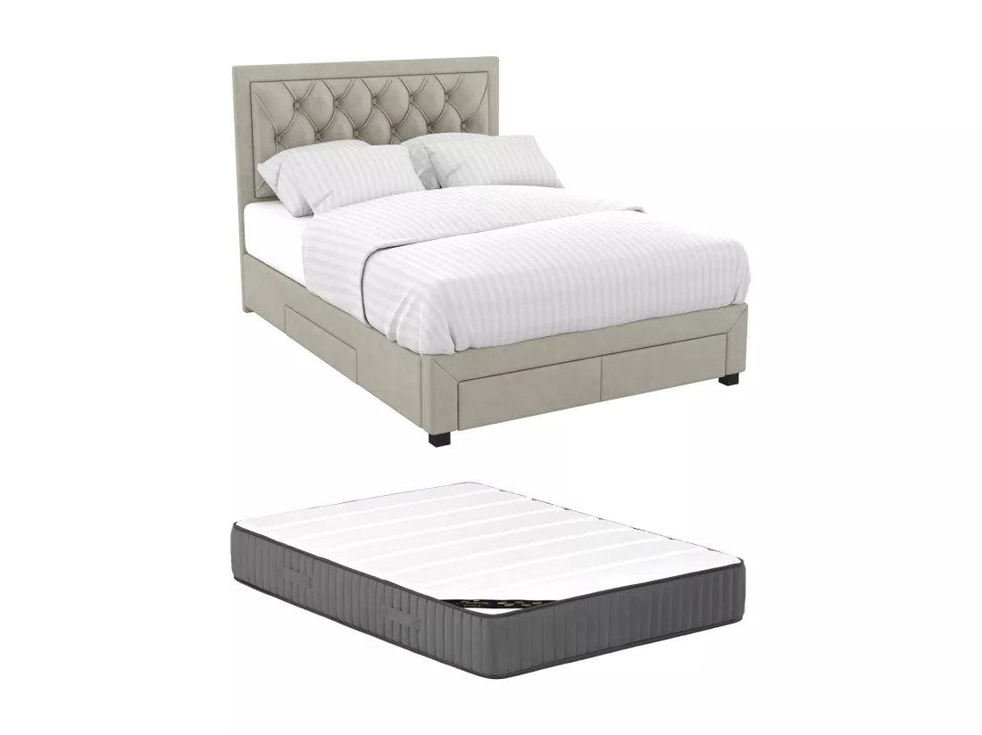 Lit avec tiroirs 140 x 190 cm - Tissu velours - Beige + Matelas - LEOPOLD
