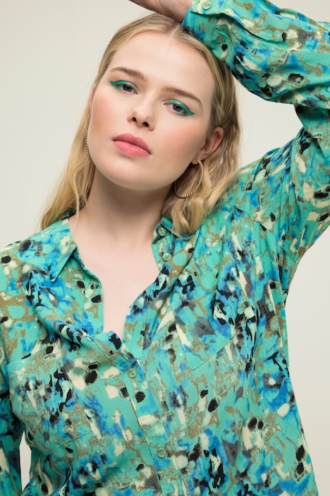 Hemdbluse, Alloverprint, Longform, Hemdkragen, Langarm