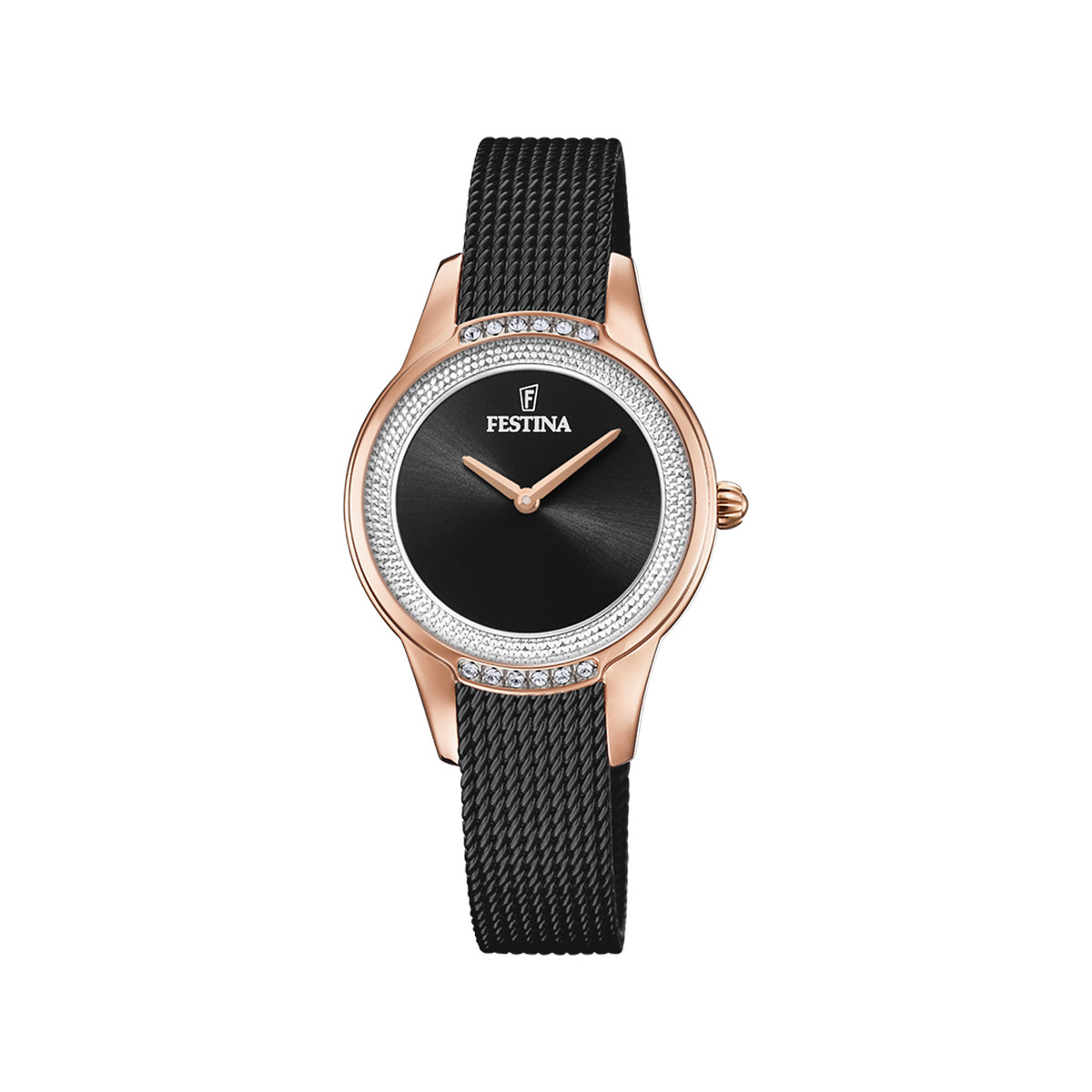 Montre Festina femme acier doré rose bracelet acier noir maille milanaise