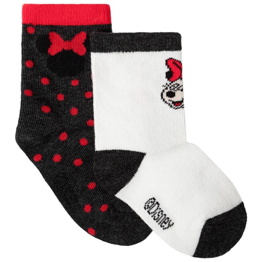 Lot de 2 paires de chaussettes assorties à pois / motif Minnie - Ecru