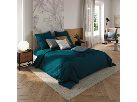 Parure de lit 2 Personnes 240 x 220 cm Housse de couette avec 2 taies Coton lavé Bleu Canard tufté