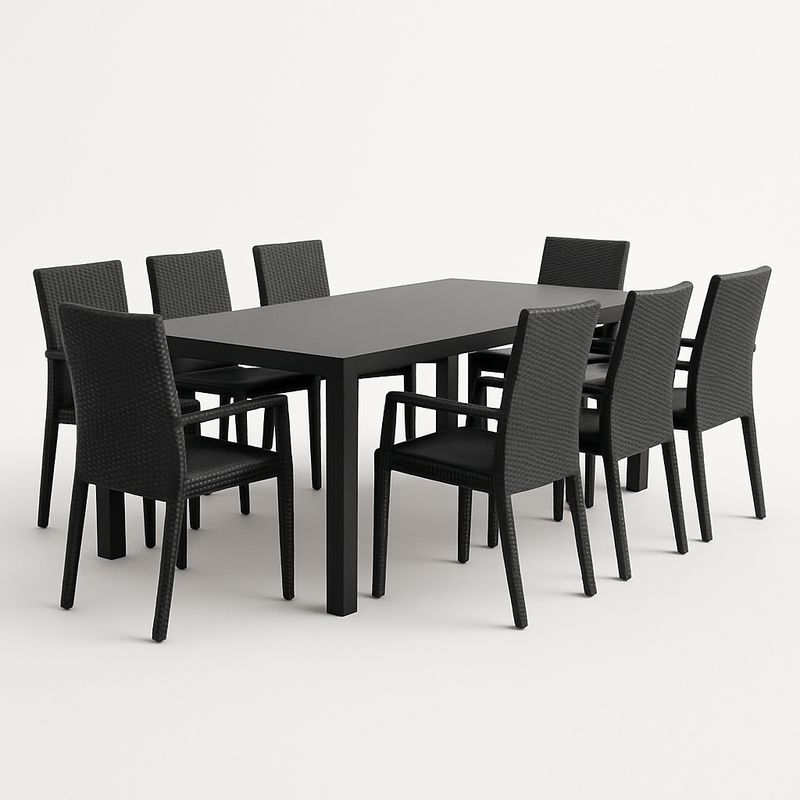 Rechteckiges Esstisch-Set aus Metall und Wicker, Schwarz, Tischgröße 2