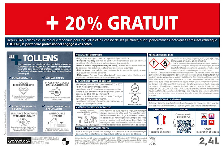 Peinture extérieure fer Tollens brillant gris anthracite 2L + 20% gratuit