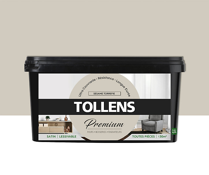 Peinture Tollens premium murs, boiseries et radiateurs sésame torréfié satin 2,5L
