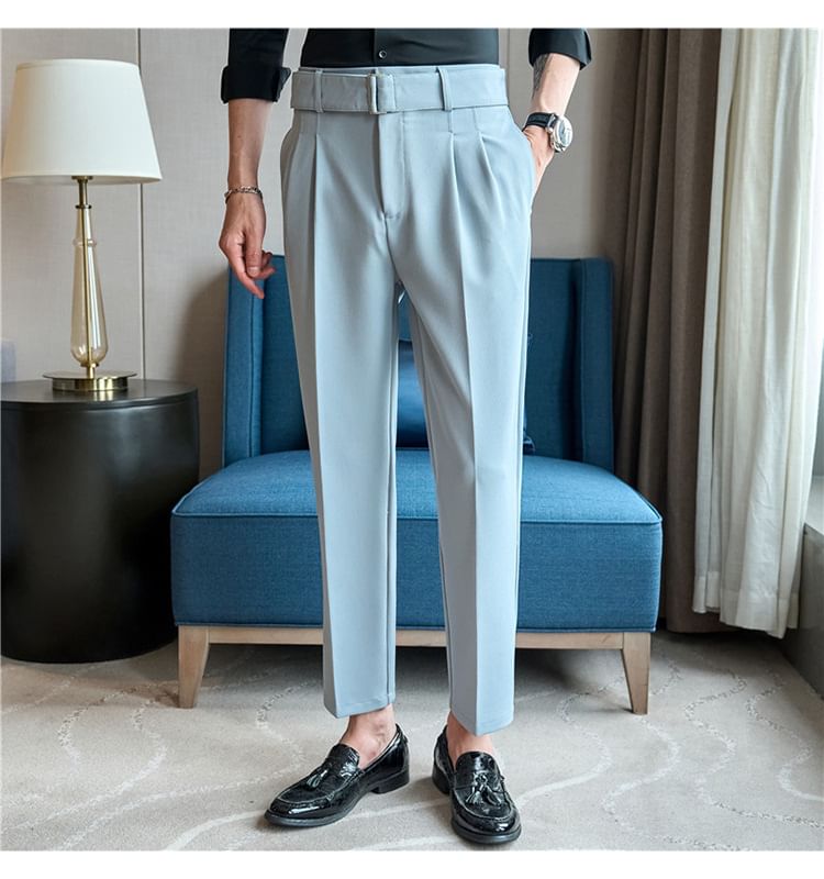 Lefitt - Set: Mid Rise Plain Cropped Straight Leg Dress Pants + Belt