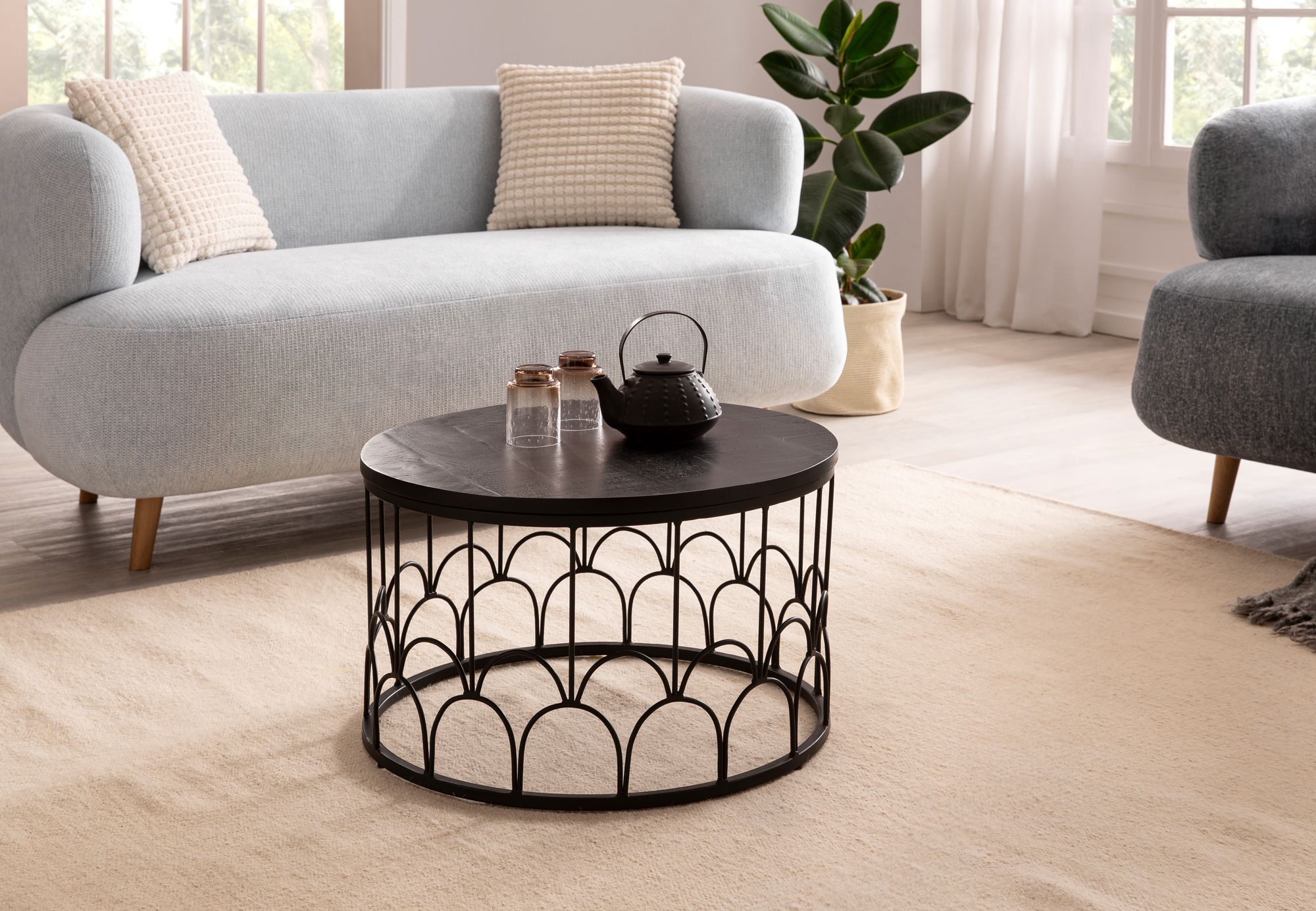 Couchtisch FineBuy Sofatisch 60x60x36cm Massivholz Schwarz Wohnzimmertisch Rund