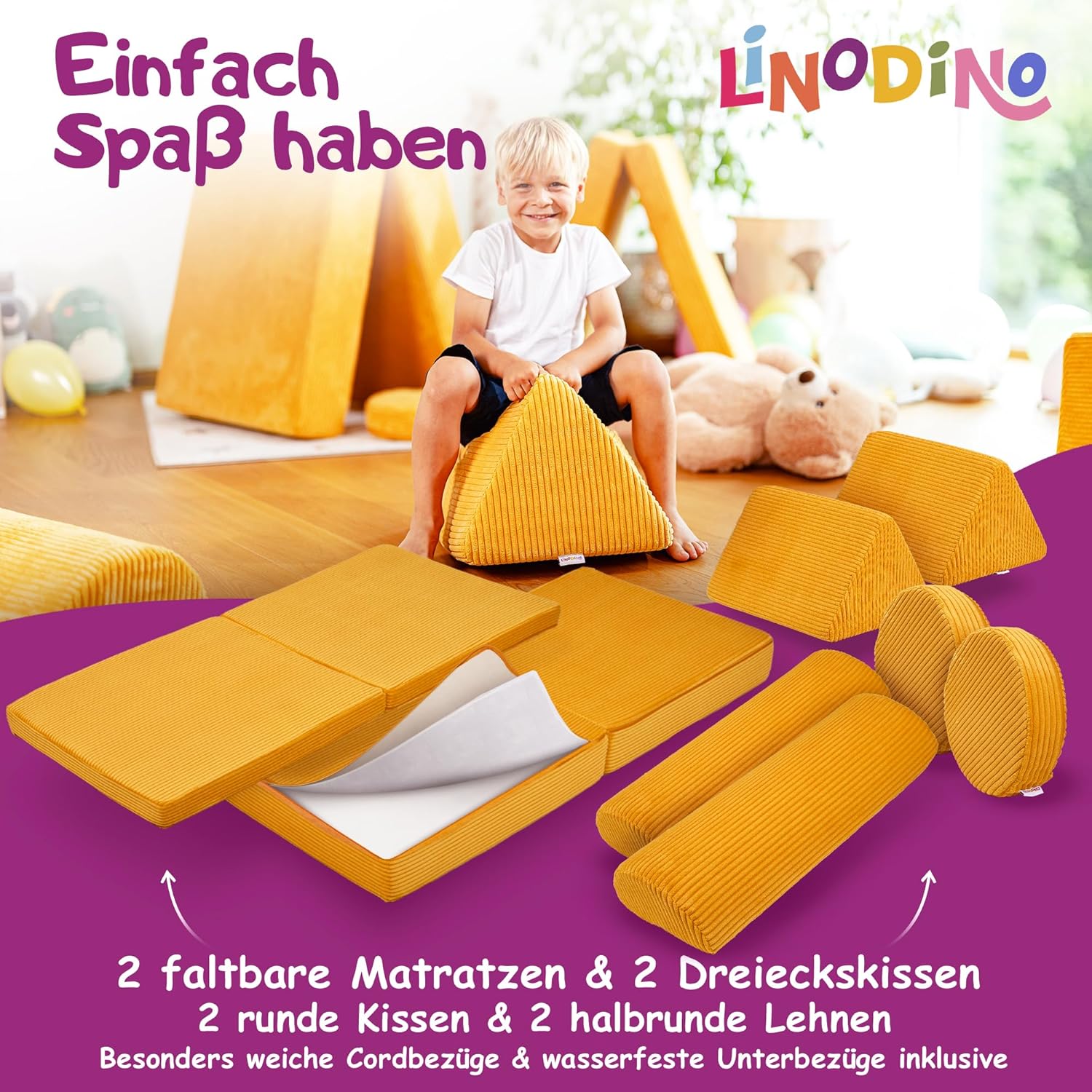 Linodino® Spielsofa Cord Fantasiewelt, Kindersofa-Bausteine - Stapelsteine für Kinder - Kindercouch, Sofa-Kuschelecke | Schaumstoff-Softbausteine | Oeko-TEX 100 Zertifiziert | Gänseblümchen Gelb