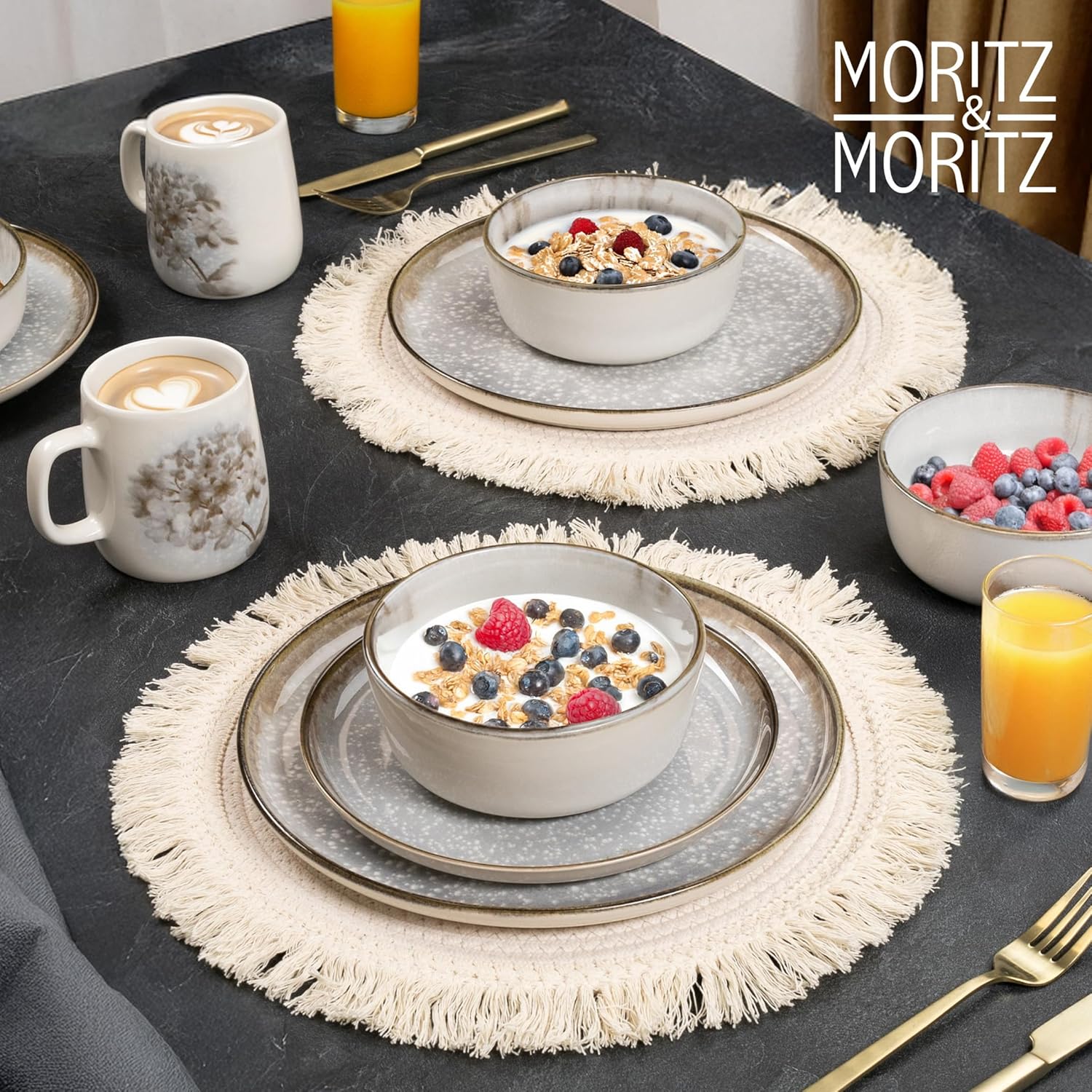 Moritz & Moritz BLOSSOM Porzellan Geschirrset 6 Personen 24-tlg. - Modernes Tafelservice mit verspieltem Design - Pflegeleichtes Kaffeeservice mit Teller Set, Schüsseln & Tassen - Kombiservice