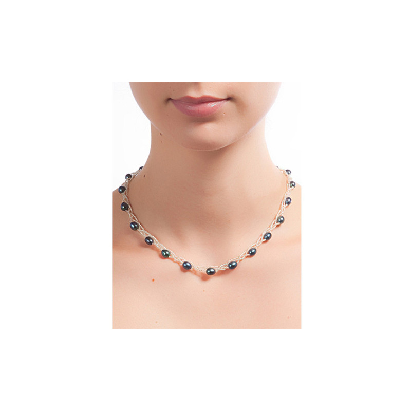 Collier Torsadé Femme en Argent 925 et Perles de culture Blanc ou Noir