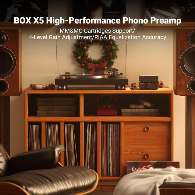 Fosi Audio Box X5 Mini Forforstærker Hjemmeaudio til MM & MC Pickups, Aktive Højttalere, 4-niveau Justerbar Gain 38/48/56/66 dB med RCA