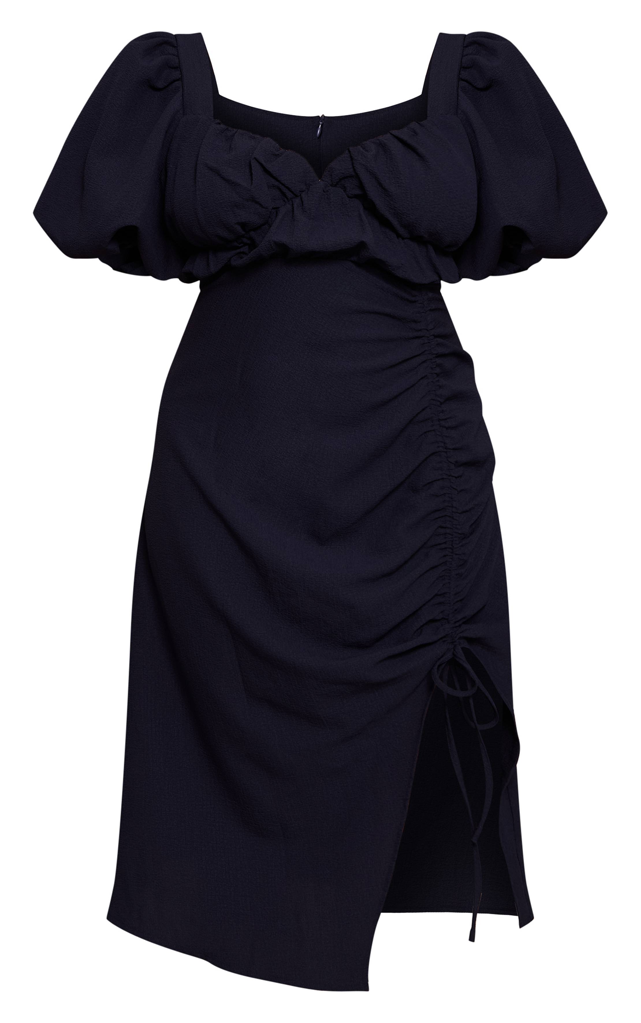 Bleu Marine Robe Midi Grande Taille À Manches Bouffantes Froncée Avec Fente Latérale