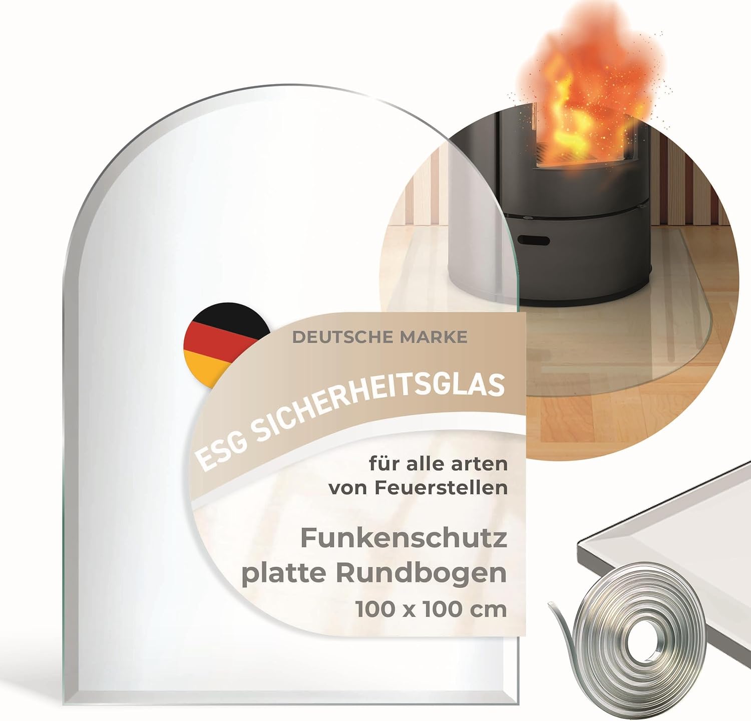 Funkenschutzplatte Glas Rundbogen 100x100cm – Glasplatte für Kaminofen - Kaminglas Zunge mit Dichtlippe - 8mm ESG Kamin Glasplatte mit Facettenschliff – Kaminschutz Feuerplatte für Kaminofen