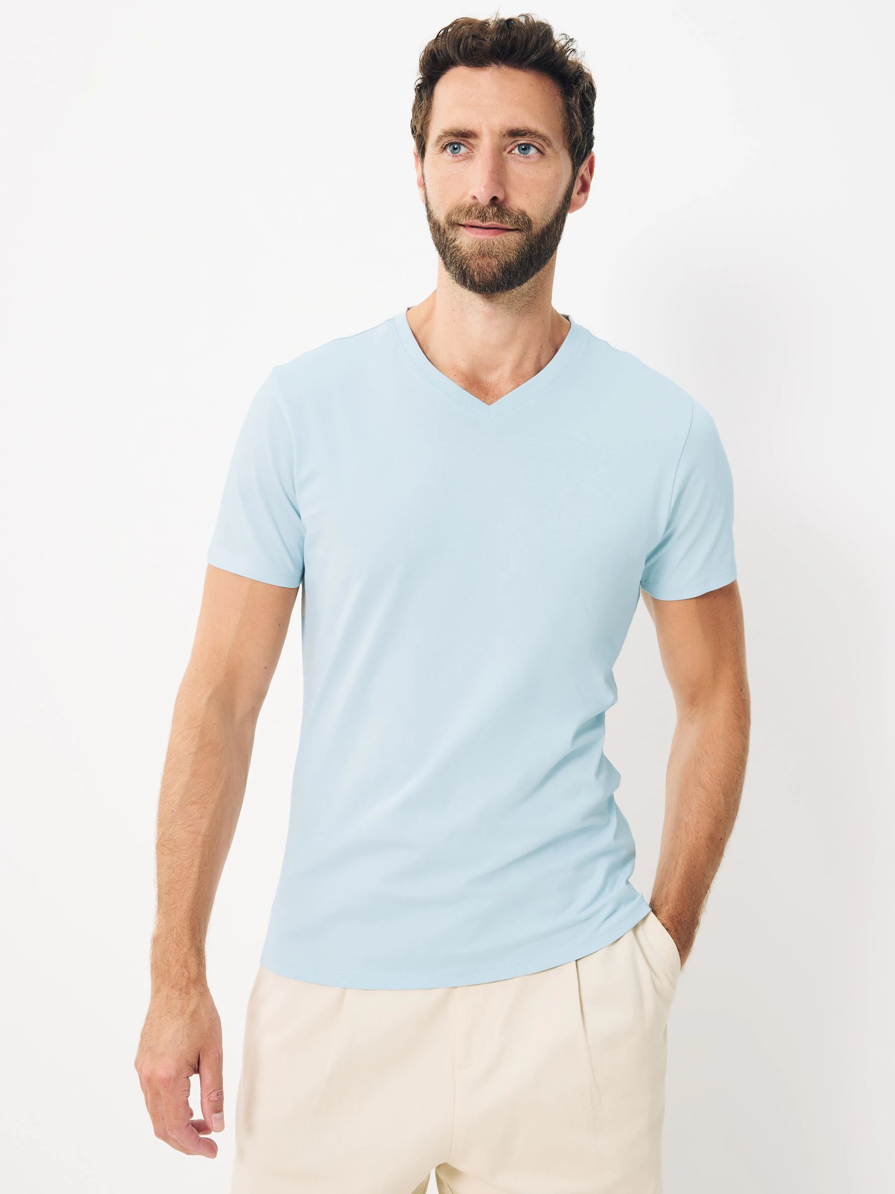 Blauw - Verpakking van 5 slim-fit 100% katoenen T-shirts met V-hals en laagjes