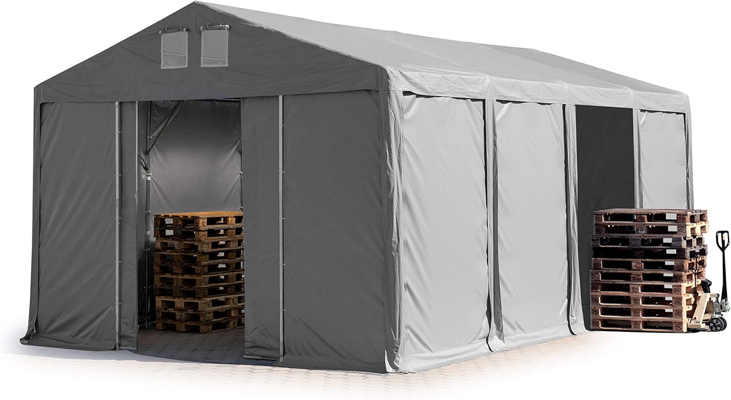 TOOLPORT Lagerzelt Industriezelt 5x8 m Zelthalle mit 3m Seitenhöhe PVC Plane 850 N grau wasserdicht Ganzjahreszelt mit Schiebetor