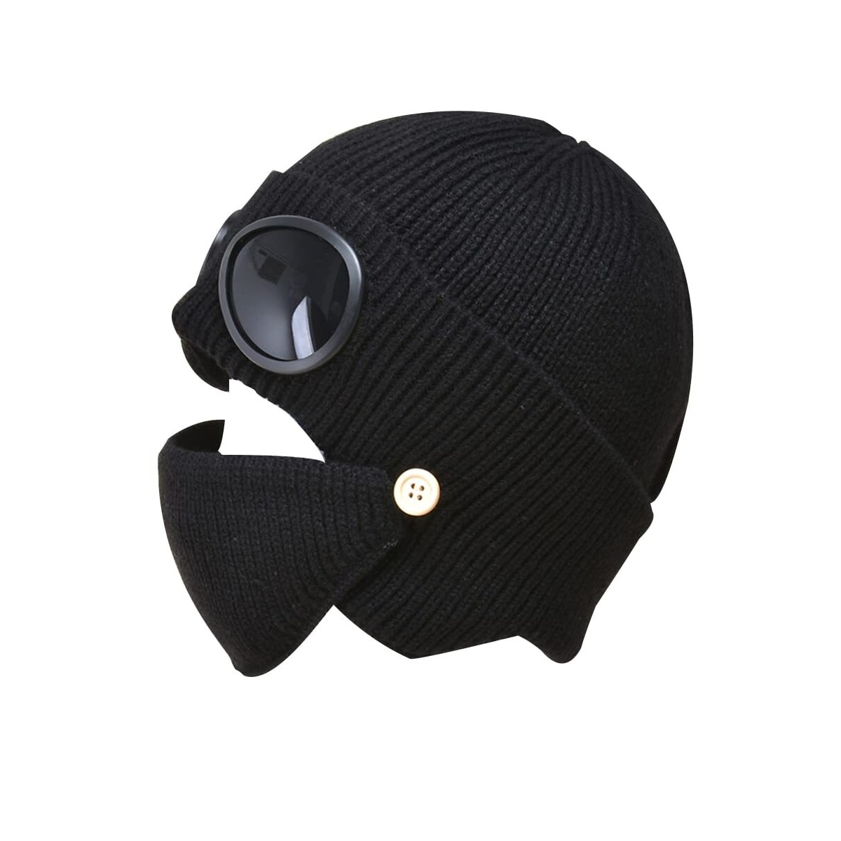 Strikket lue lue med goggles maske Sort