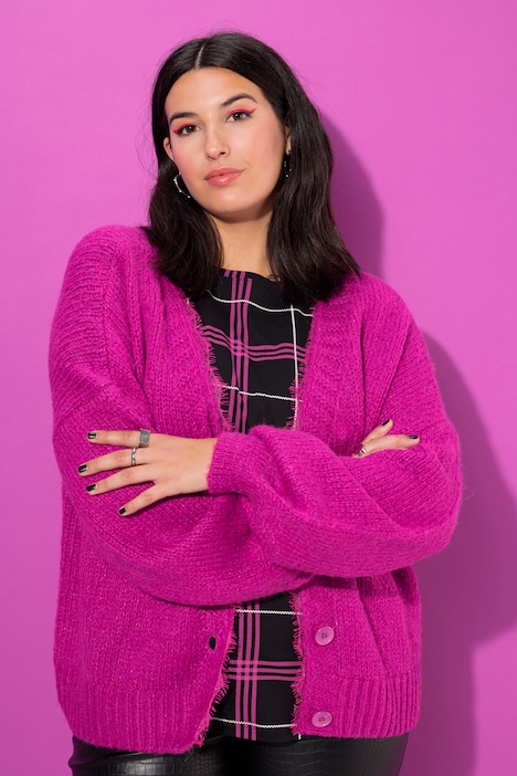Strickjacke, oversized, Spitzenkante, Langarm
