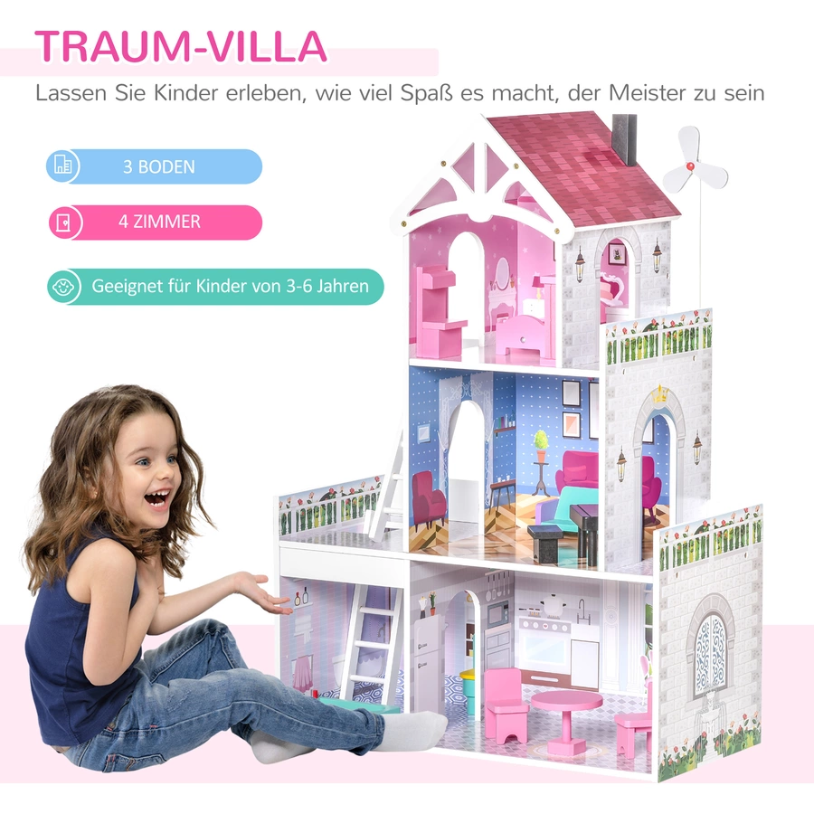 HOMCOM Kinder Puppenhaus mit 3 Etagen rosa