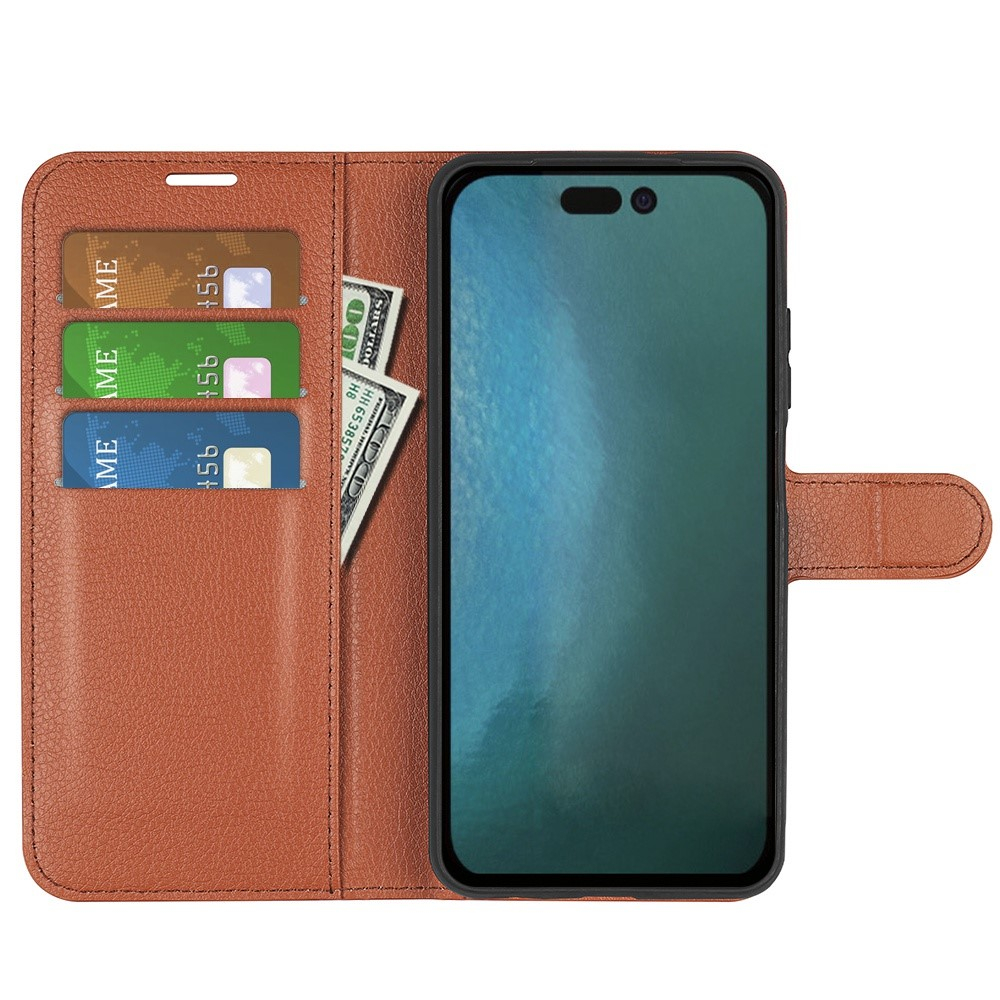 iPhone 14 Pro Leder Tasche Flip Cover Litchi Look - Braun