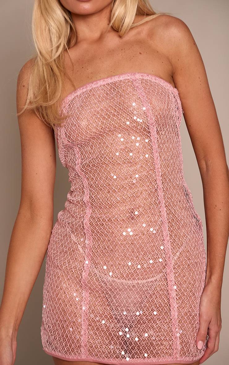 Rose Robe Mini Bustier En Maille À Sequins