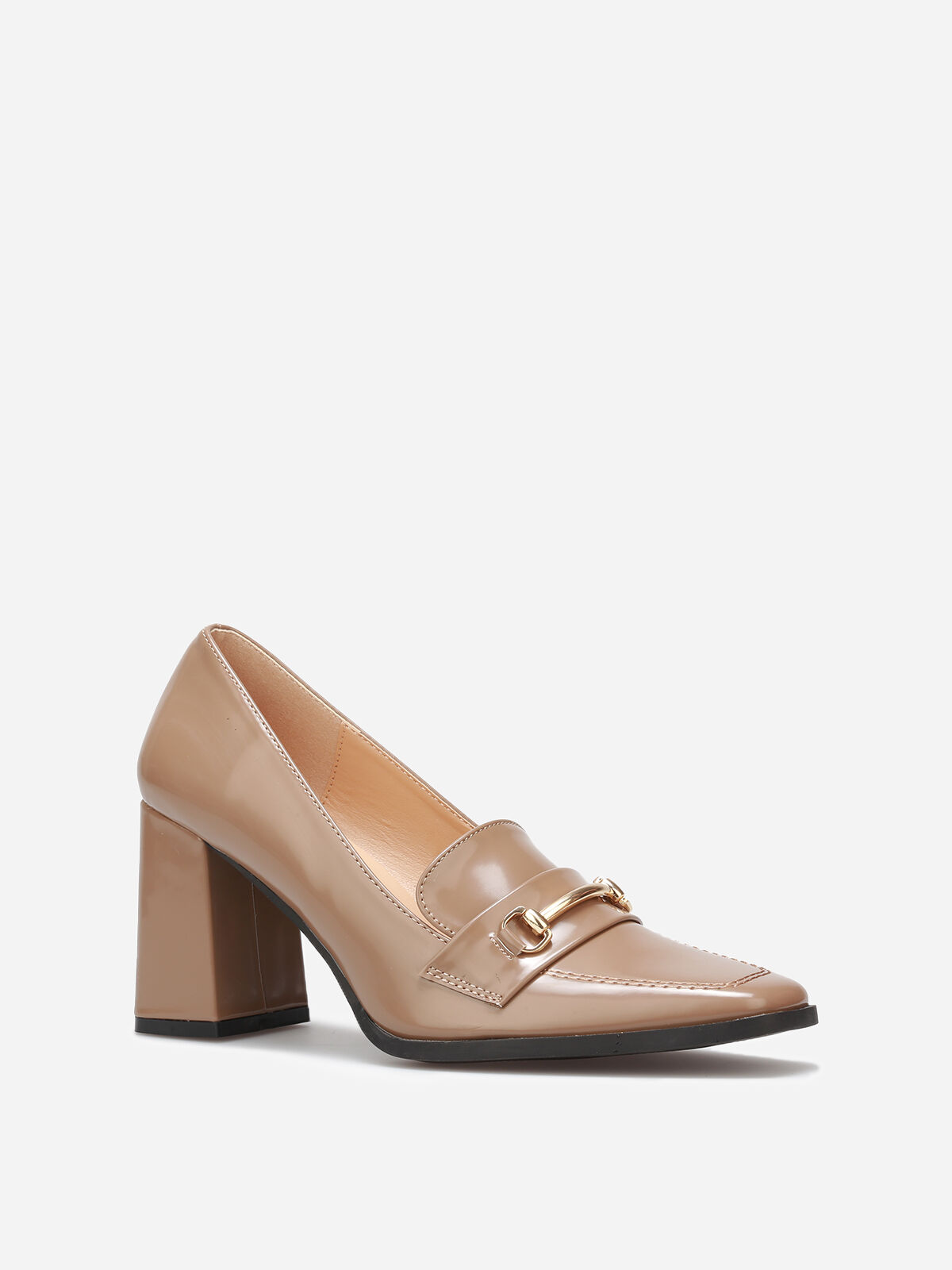 Mocassins vernis à talon et bride doré- Taupe