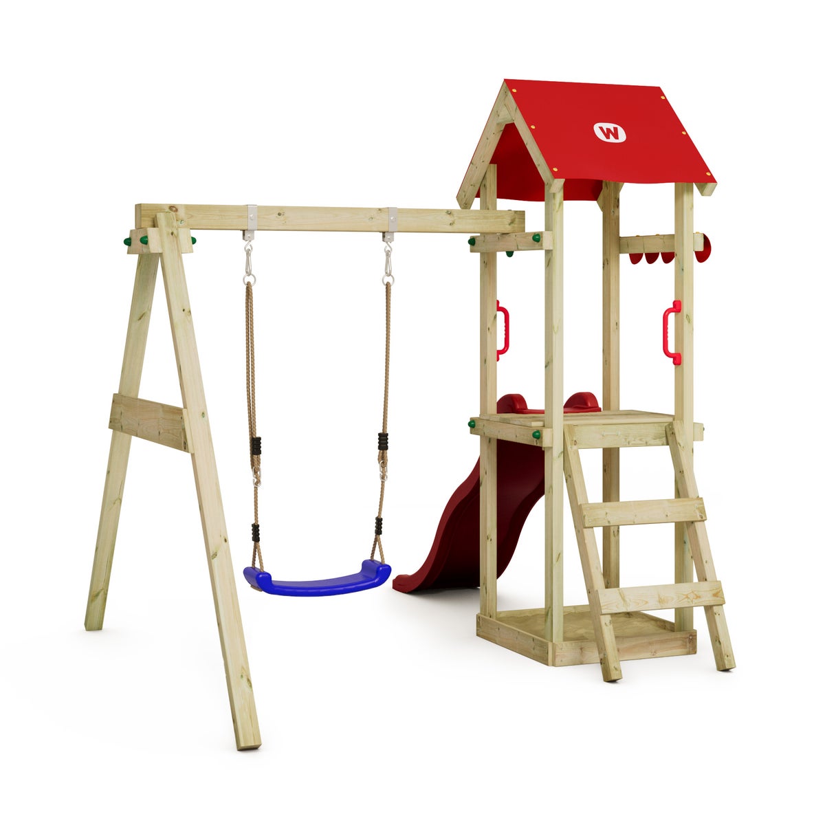 WICKEY TinyWave Speeltoren Klimrek met Schommel en Glijbaan, Klimtoren met Zandbak, Ladder en Speelaccessoires - Rood
