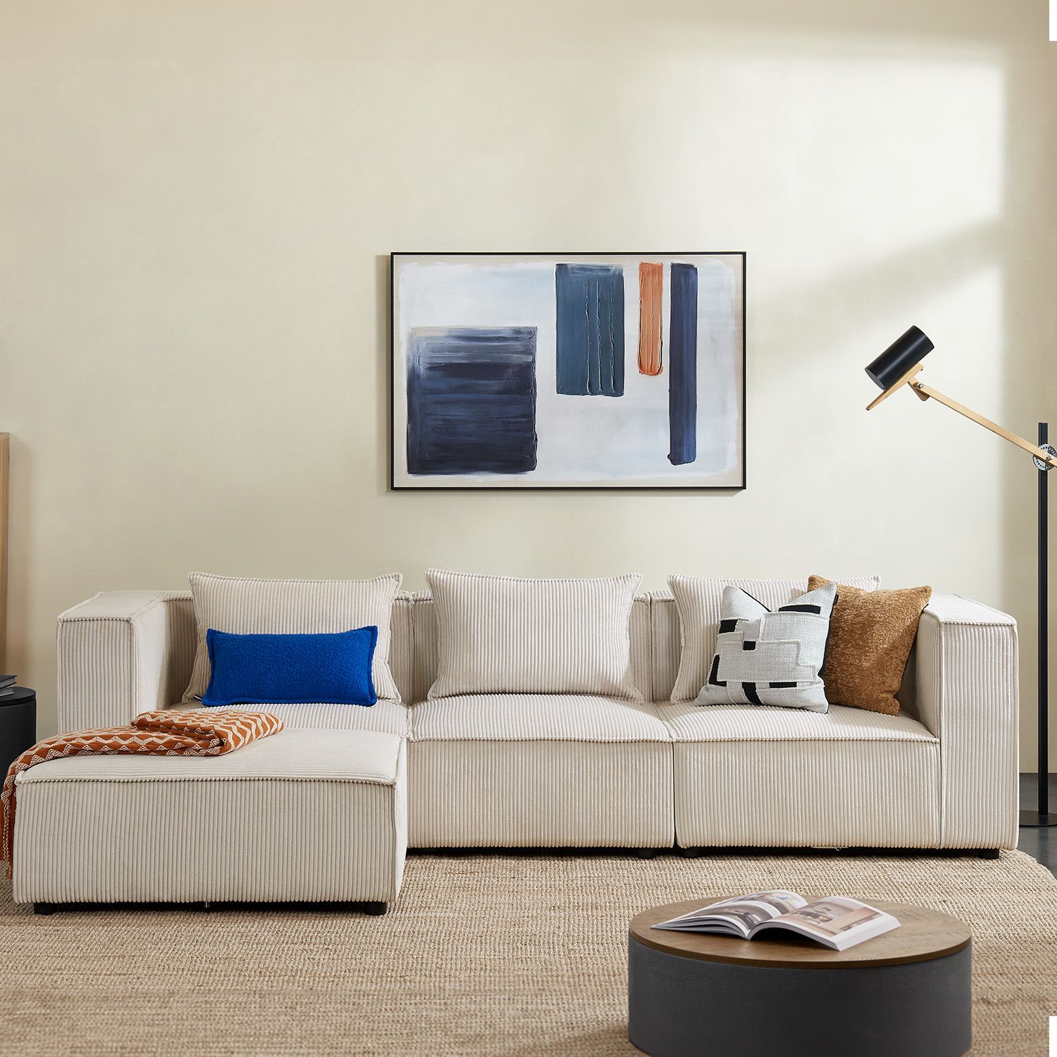 Juskys modulares Sofa Domas L - Couch Wohnzimmer - 3 Sitzer - Ottomane & Kissen - Cord Beige