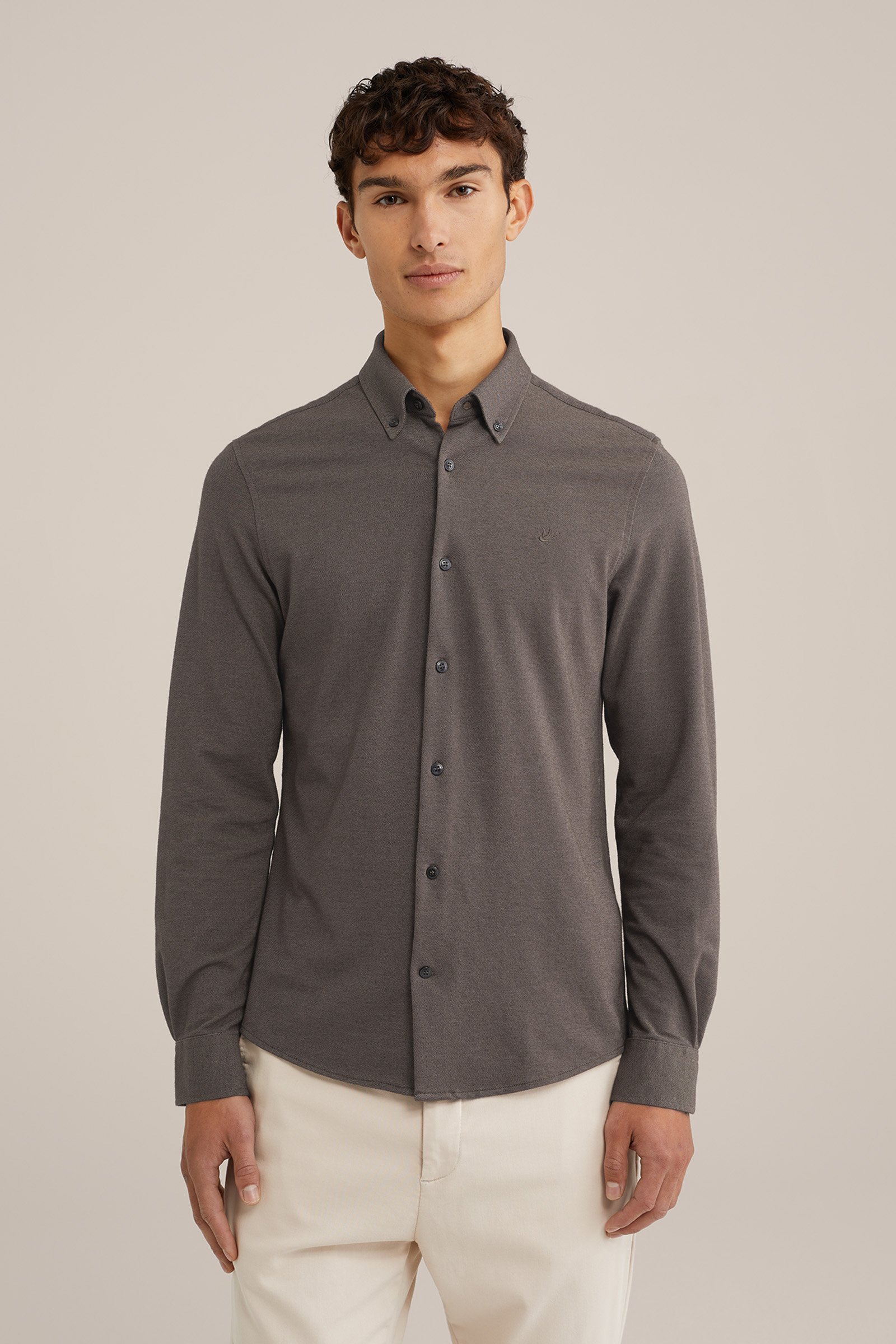 piquéjersey overhemd met stretch Fundamentals Kaneelbruin