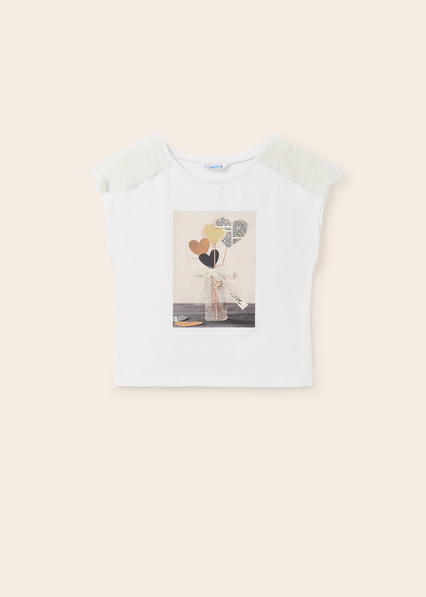 Camiseta de manga curta com estampa e apliques para meninas